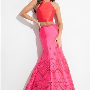 Rachel Allan Vibrant Red and Pink Two-Piece Prom Dress